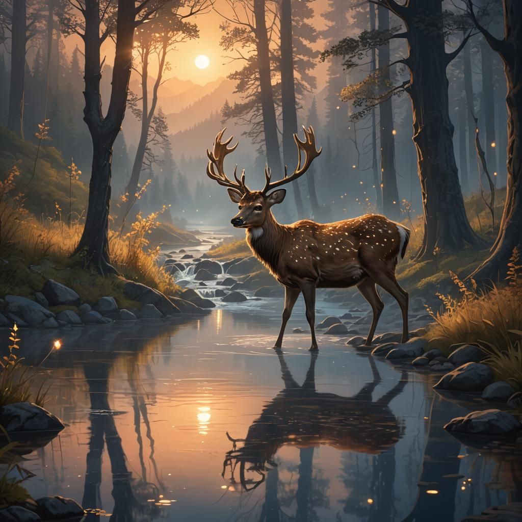 Enchanted Forest: Deer by Stream, Fantasy Concept Art