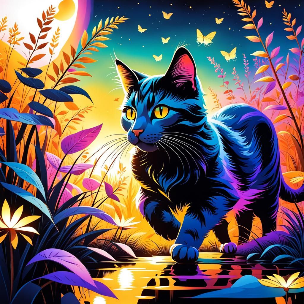 Cat in Dream Garden at Dusk as Cel Shading