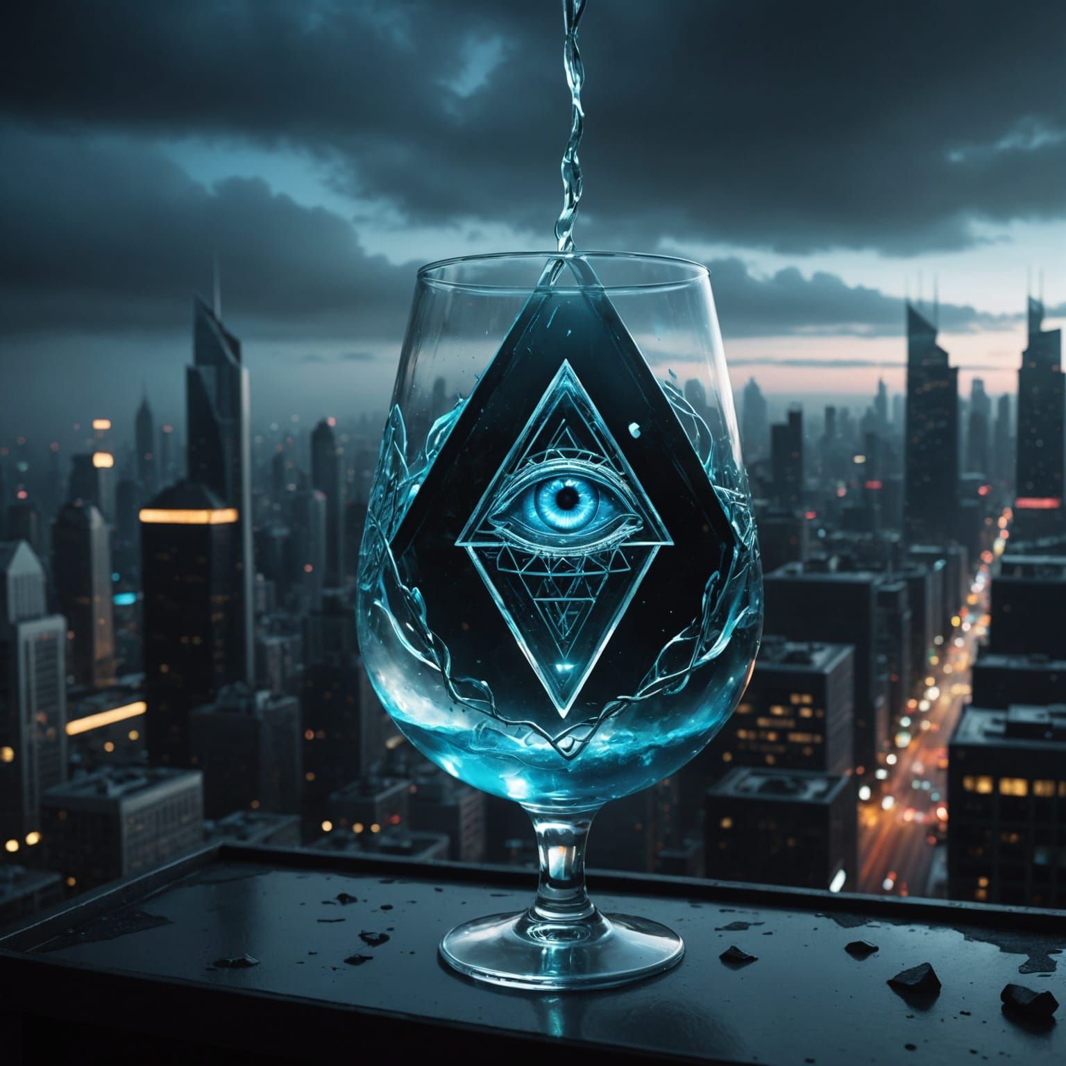 Eerie Dark Fantasy Cityscape with Glowing Glass A