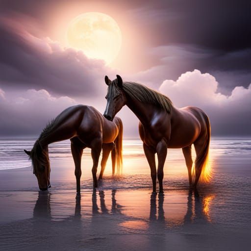 Horses on Beach at Night in Photorealistic Style