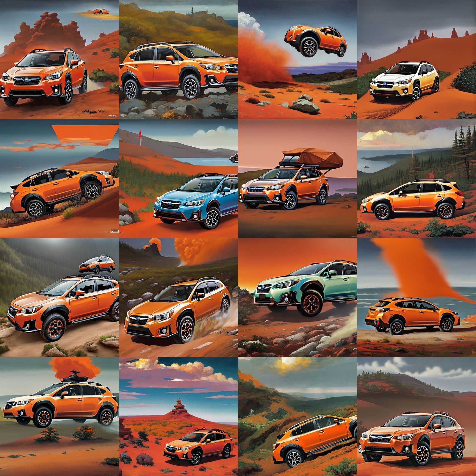 Orange Subaru Crosstrek Offroad in Tarot Card Style