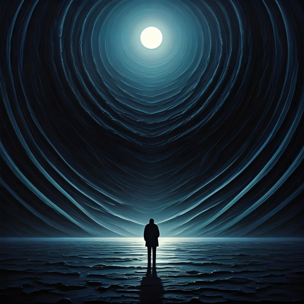 Foreboding Figure in Desolate Moonlit Landscape