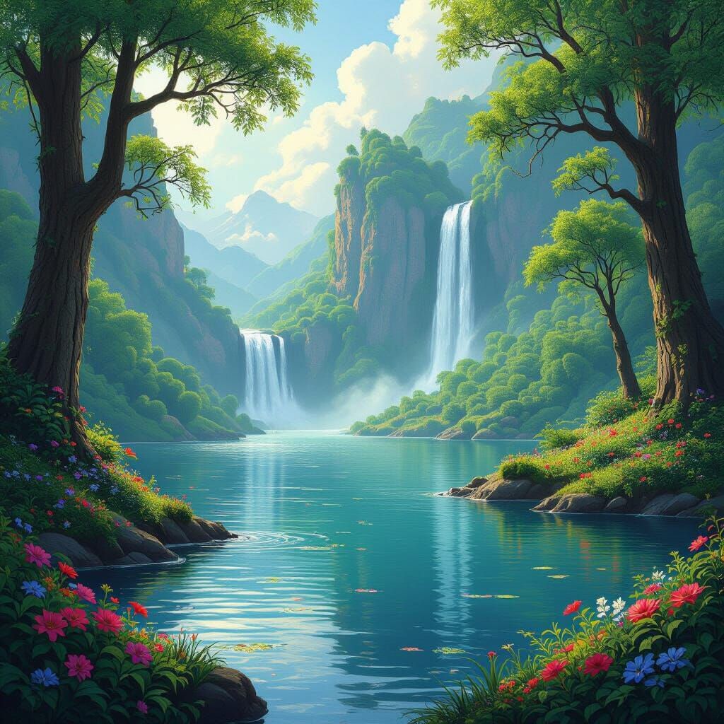 Enchanted Elven Lake with Waterfall, Dreamy Digital Art