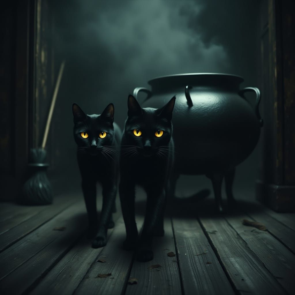 Two Black Cats With Yellow Eyes in Eerie Halloween Scene