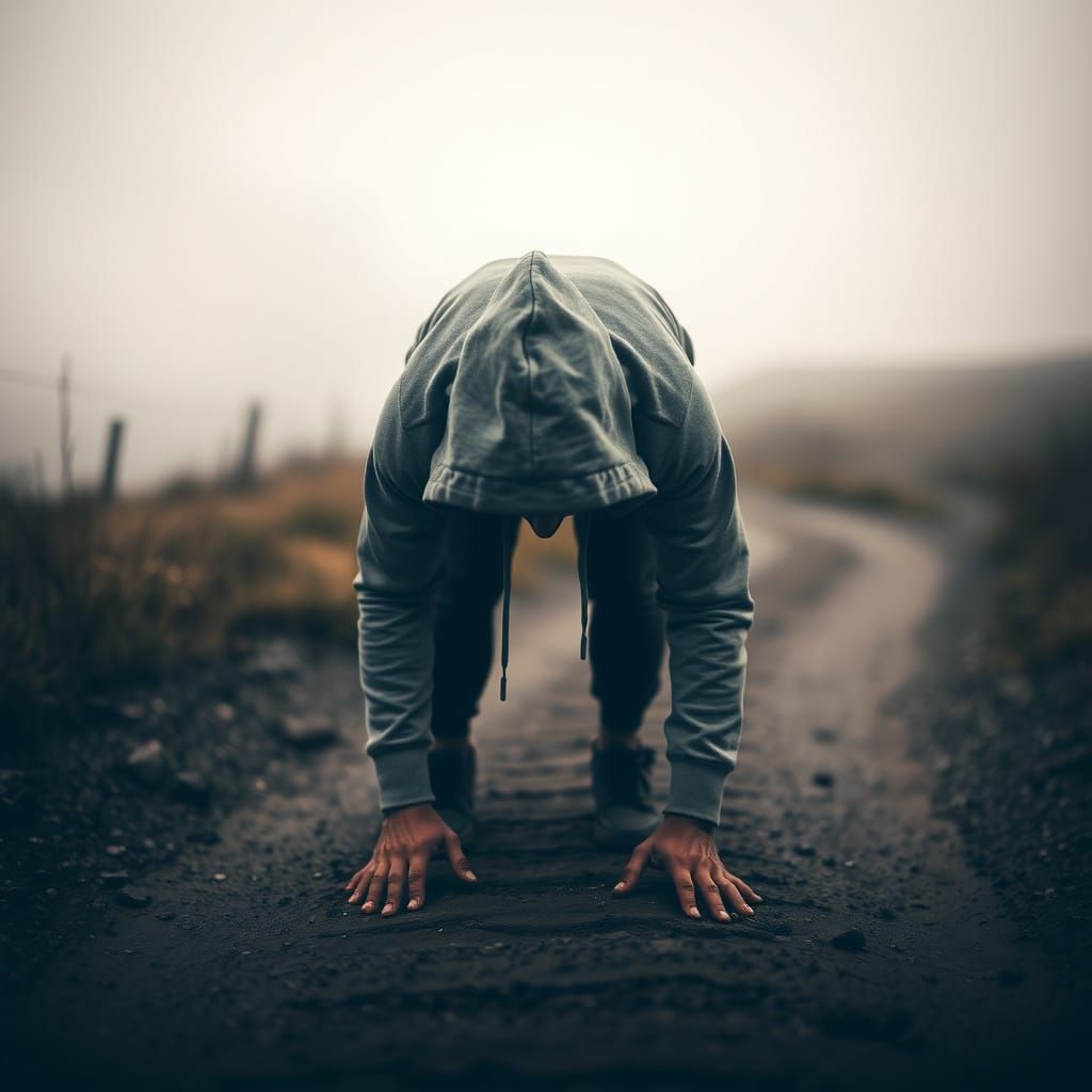 Dystopian Figure Stretching on Winding Path