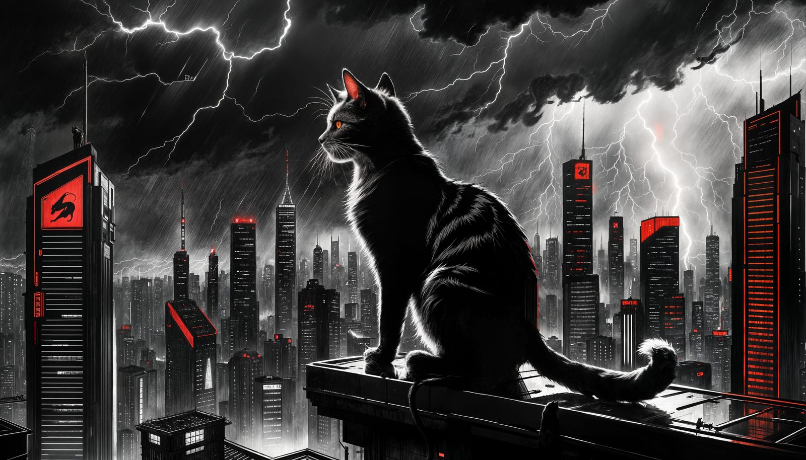 Cyberpunk Cat in Storm on Skyscraper Rooftop