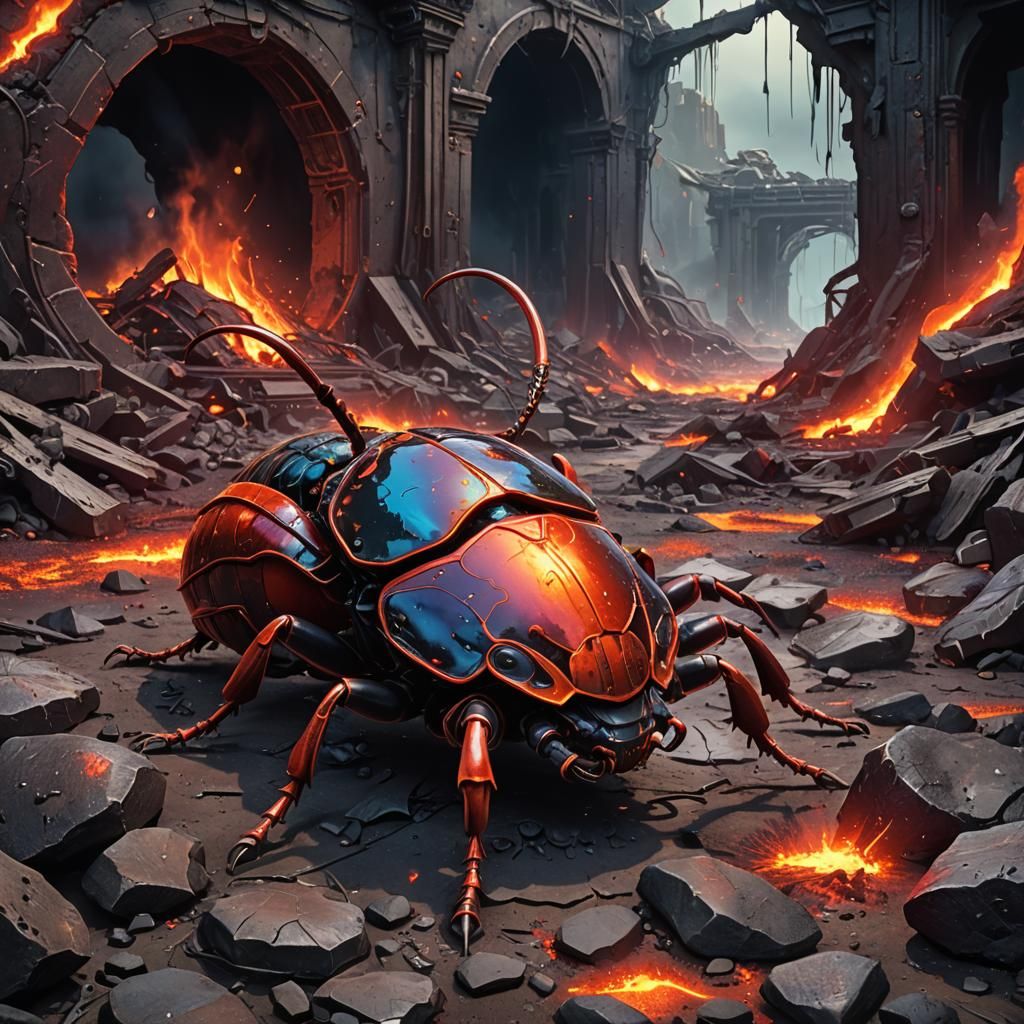 Lava Beetle Scuttles Through Ruins: Sci-Fi Illustration
