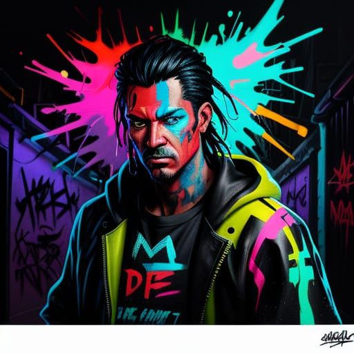 Graffiti Art Knife Figure in Neon Alley