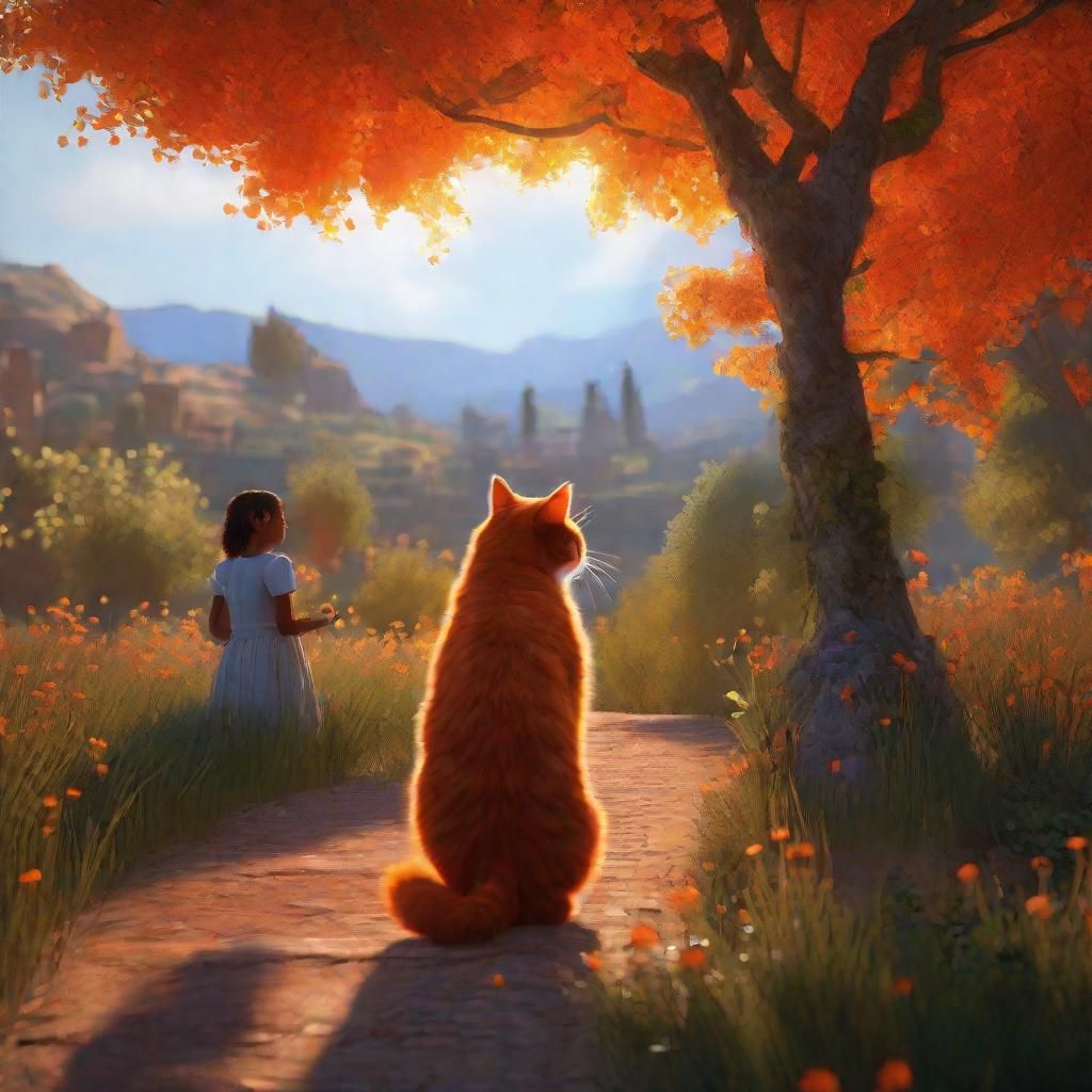 Girl, Cat, Landscape in Monet Style, 3D Cinematic