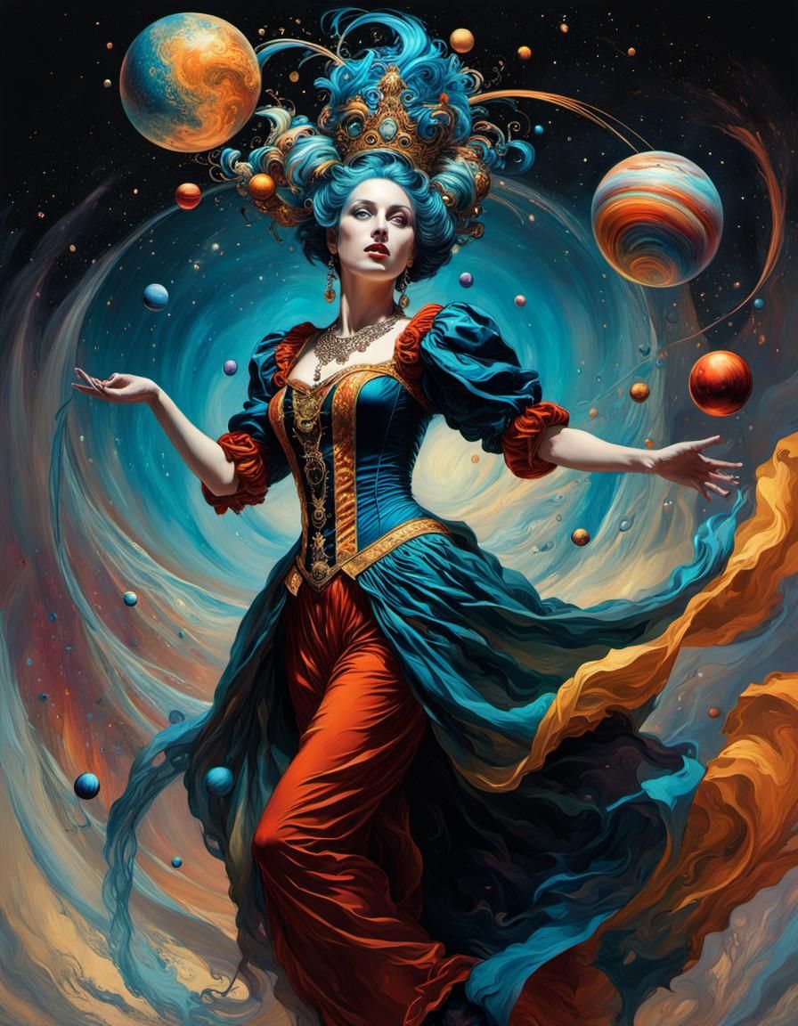 Female Jester Juggling Planets in Detailed Ink Flow