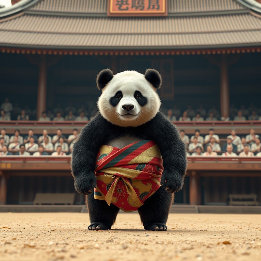 Majestic Panda in Traditional Sumo Dohyo