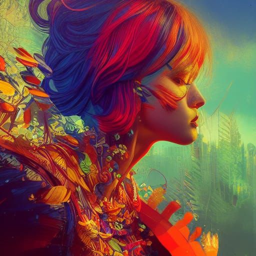 Intricate Scenic Art in Yellow, Green, and Red