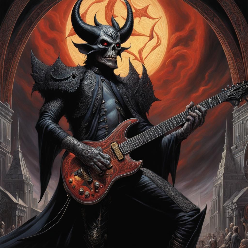 Armored Demon Guitarist in Maximalist Psychedelic Art