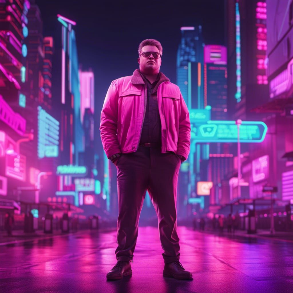 Male Journalist in Neon Cyberpunk Cityscape
