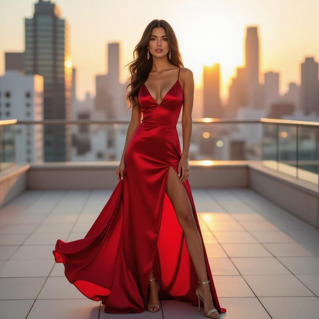 Sensual Ruby Silk Dress Model on Rooftop at Sunset