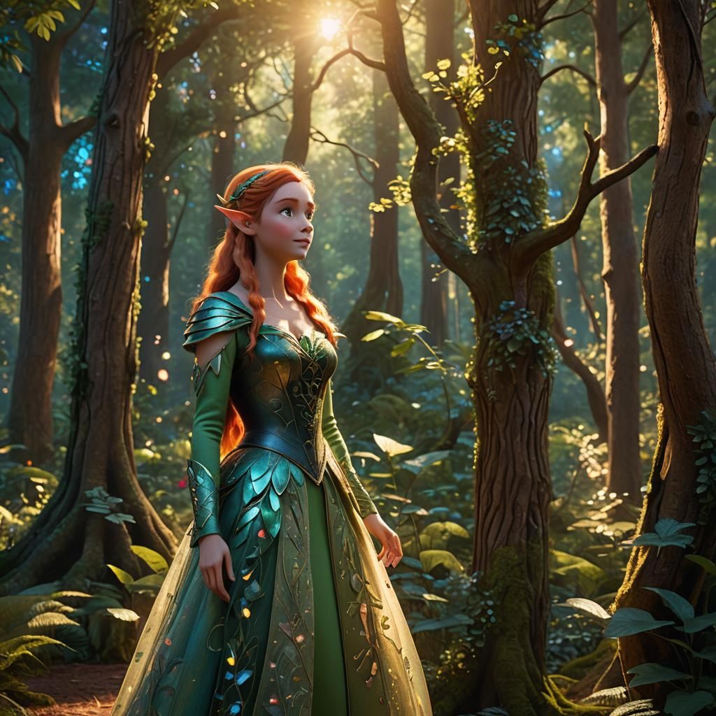 Elf with Curves in Whimsical Forest, Disney Pixar Style