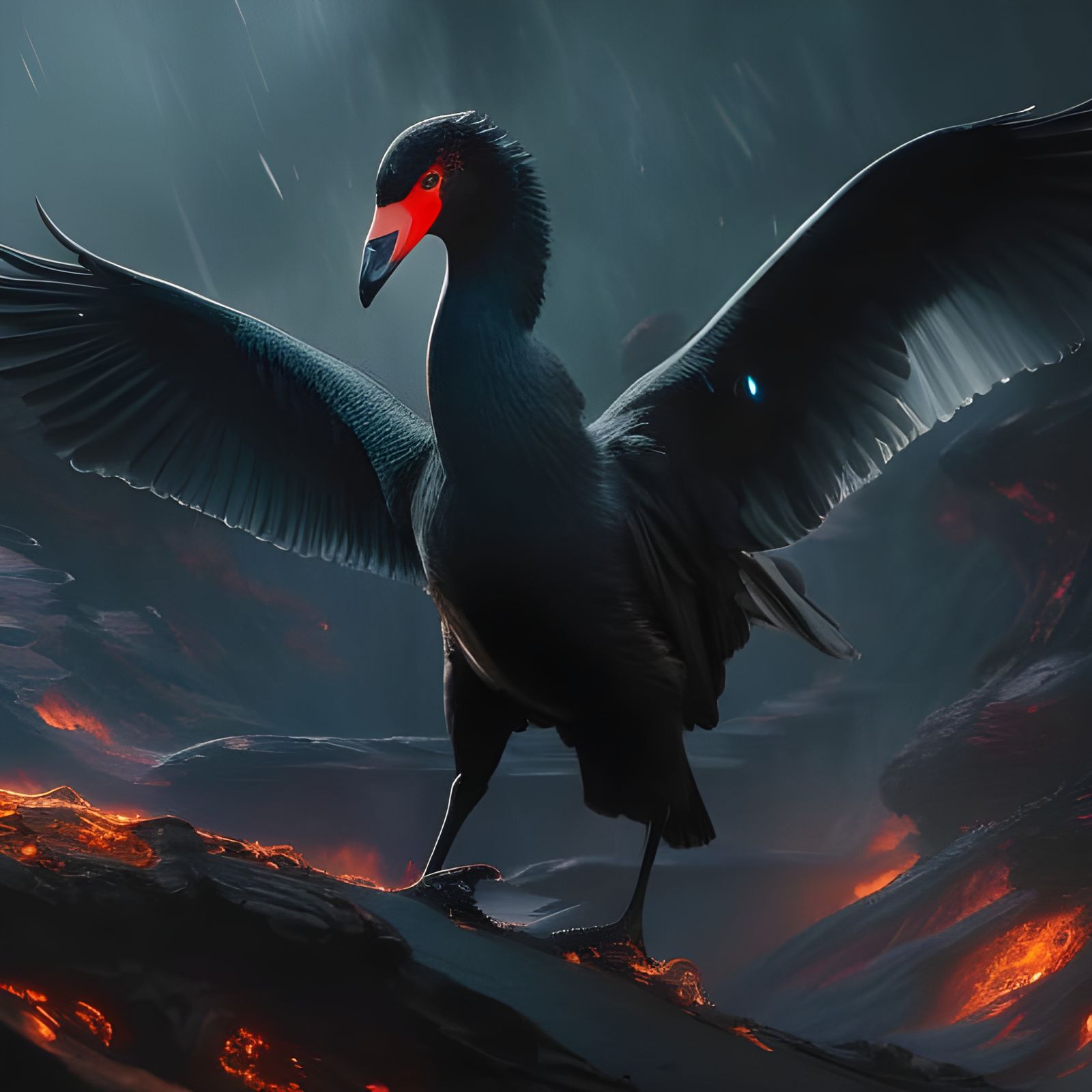 Magical Black Swan on Lava Surface