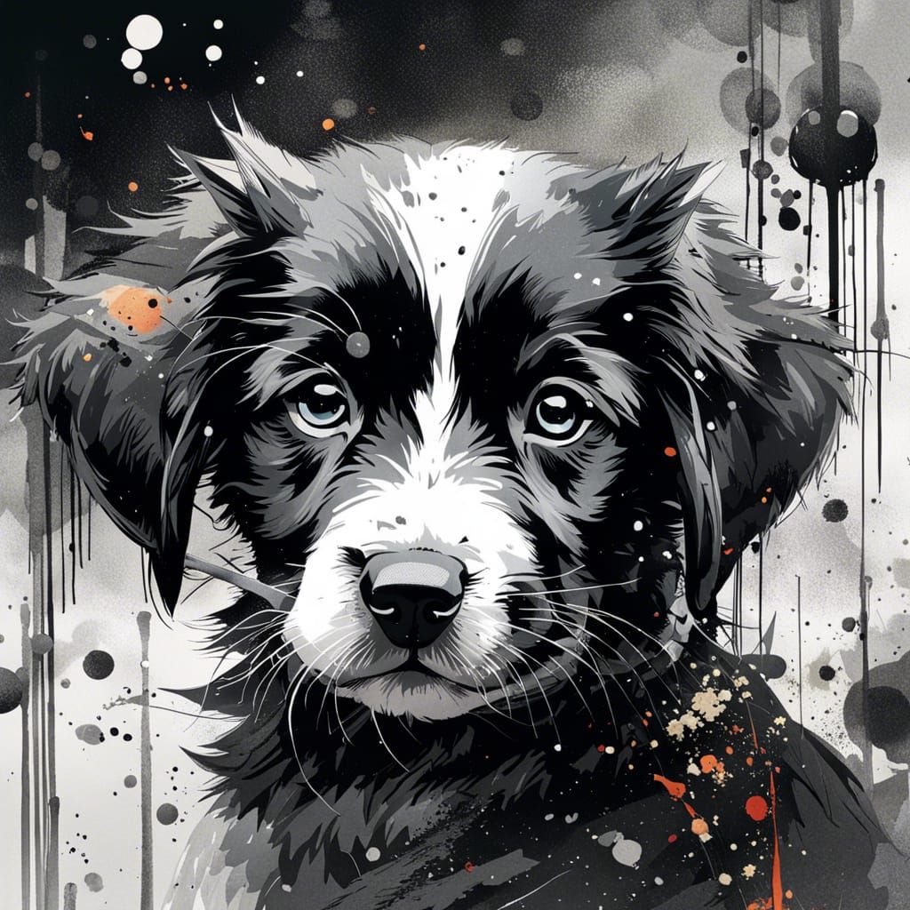 Detailed Ink Puppy in Black and White