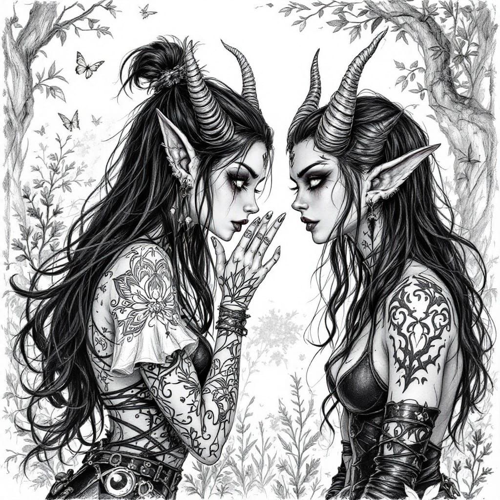 Fairy Whispering Secret to Tiefling in Sketch Style