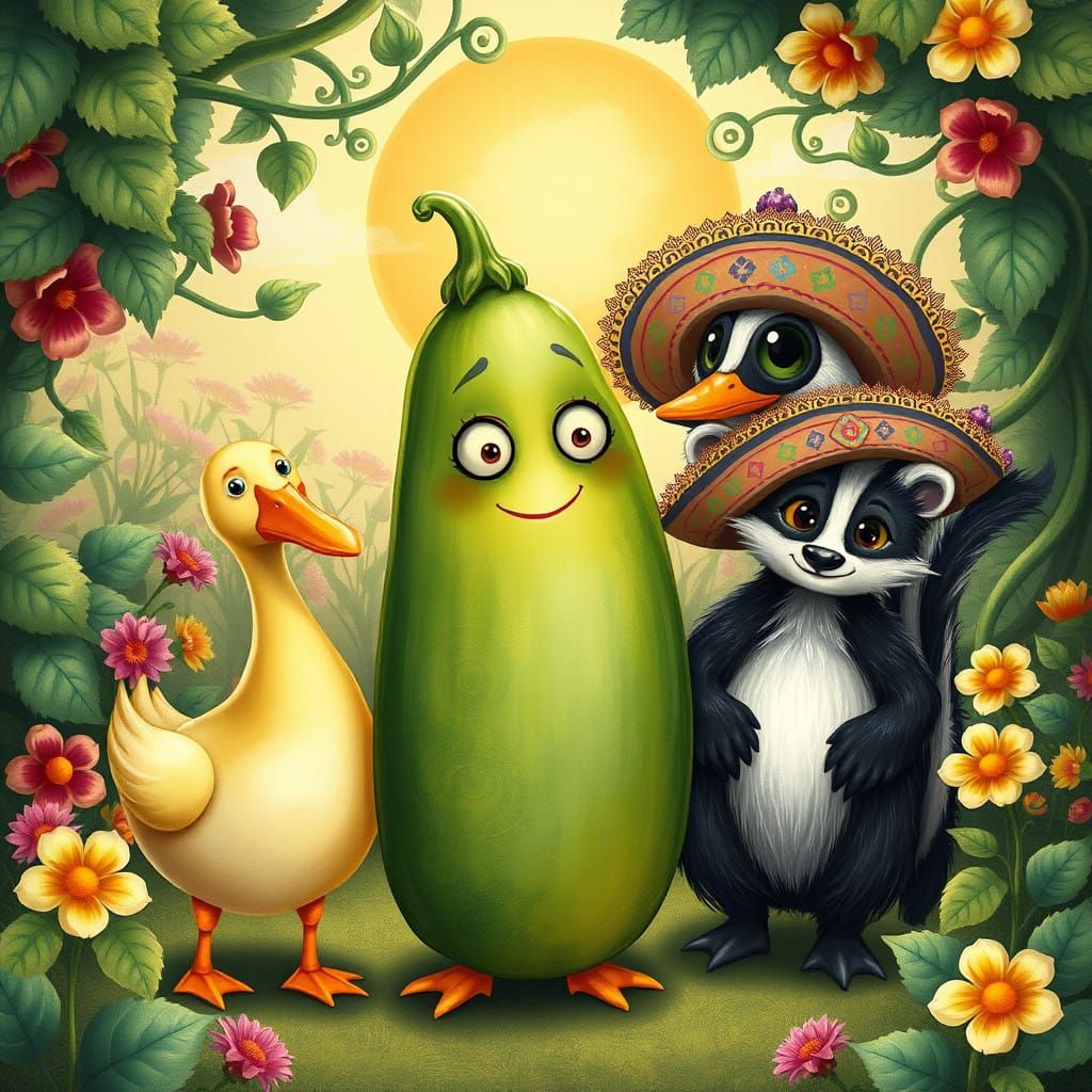 Whimsical Garden Friends: Giant Zucchini and Bespectacled Du...