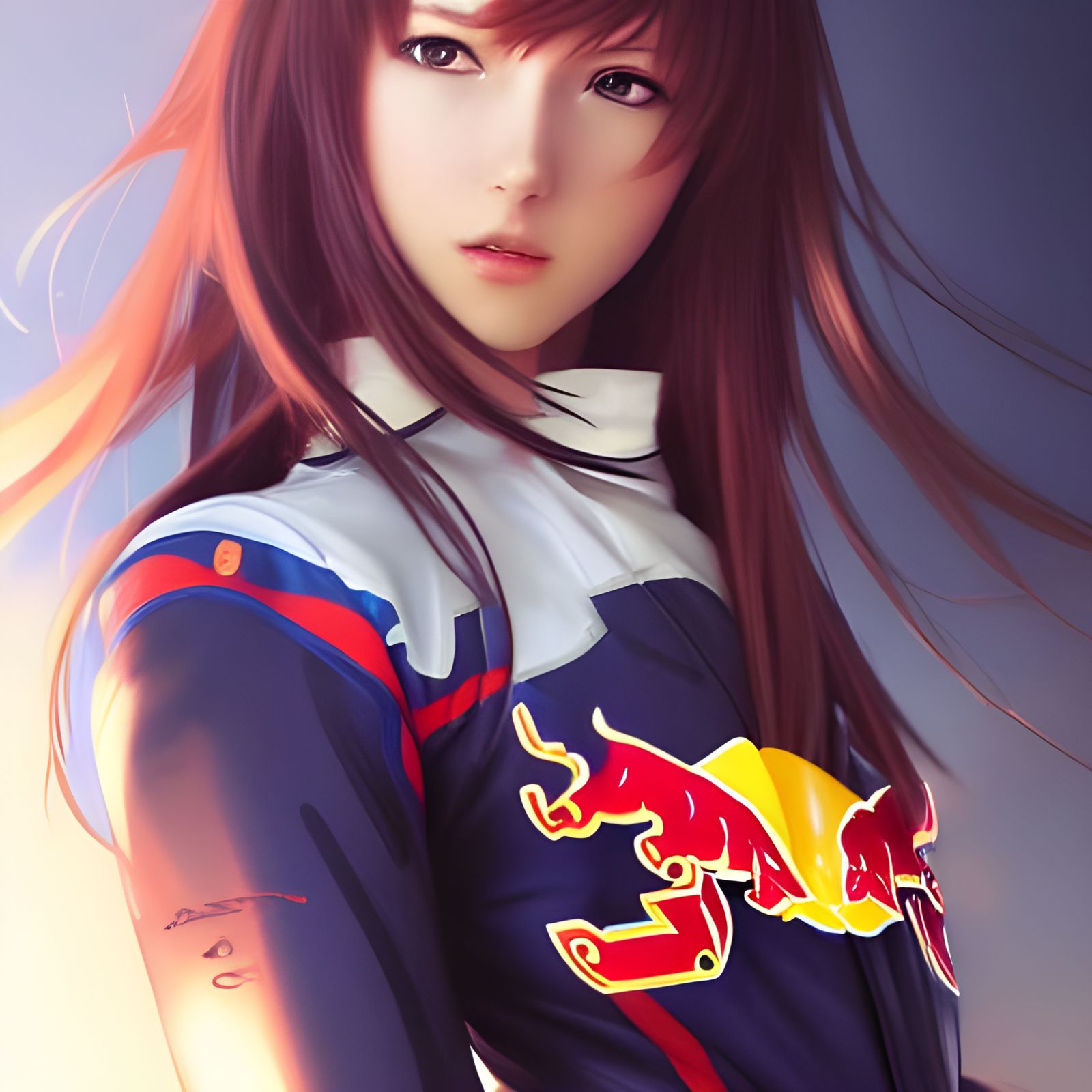 Anime Girl in Red Bull Suit, Detailed Portrait