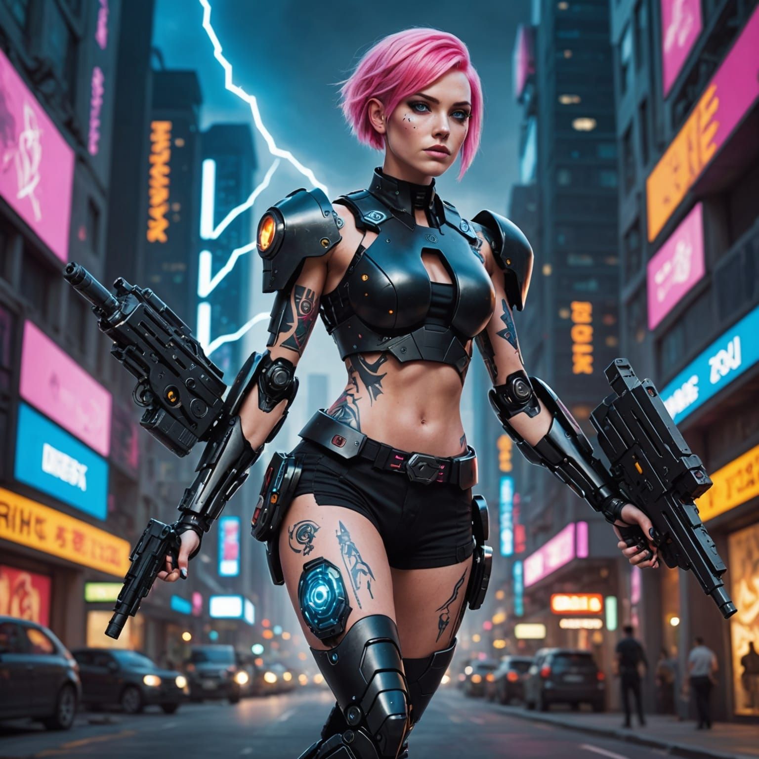 Pink-Haired Cyborg Patrols Futuristic City in Cyberpunk Styl...