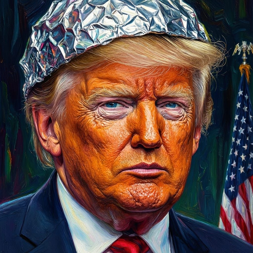 Orange President Wears Tinfoil Hat in Grotesque Matte Painti...
