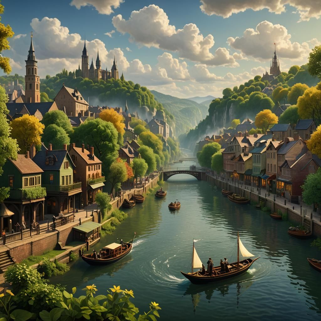 City Steamboat: Matte Painting in Post-Impressionist Style