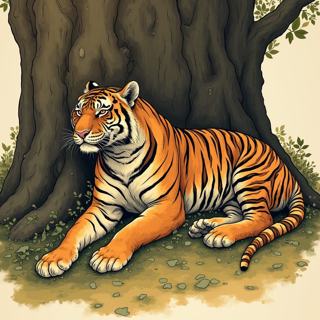 Tiger Resting Under Tree in Amber Tones
