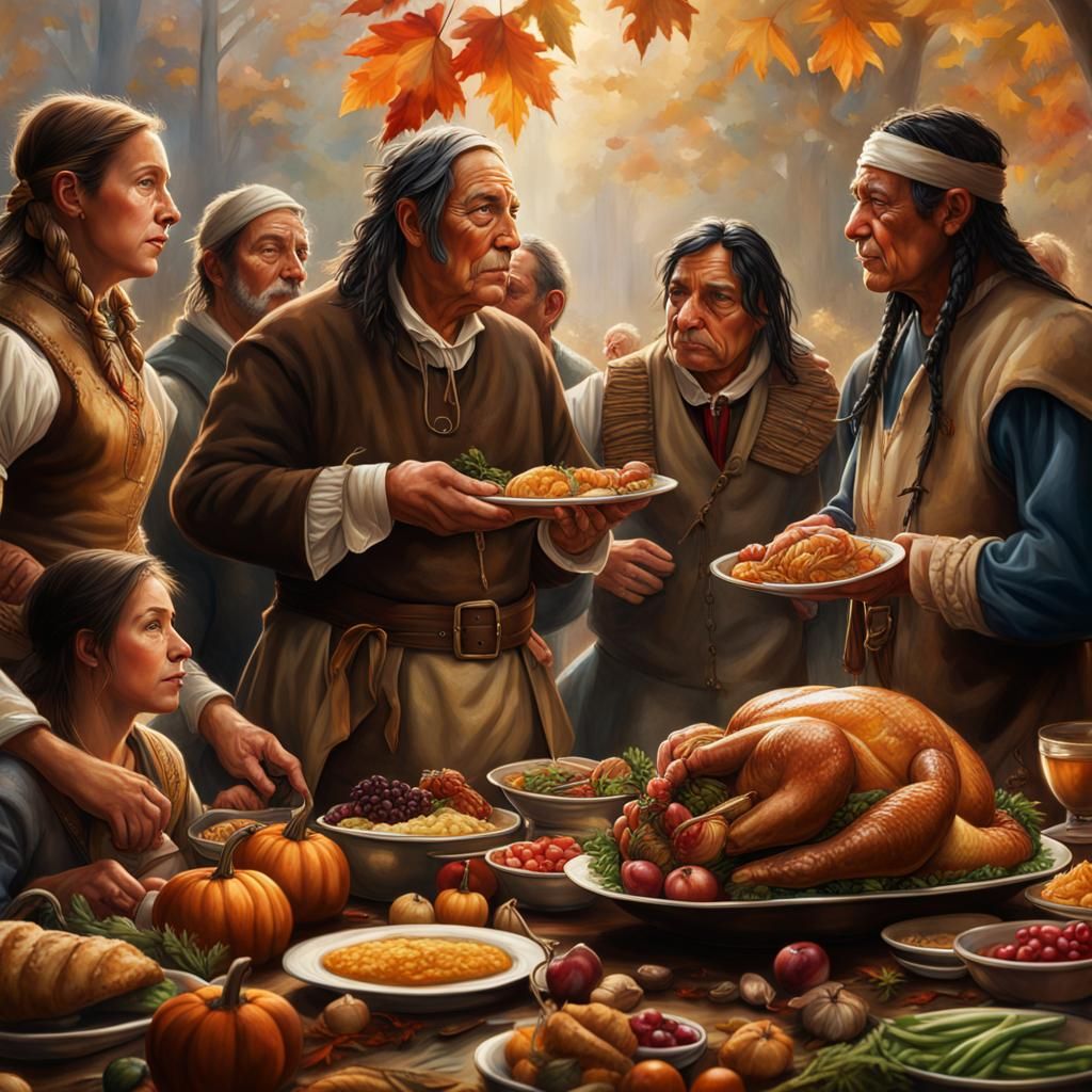 Pilgrims and Native Americans Sharing Thanksgiving Feast