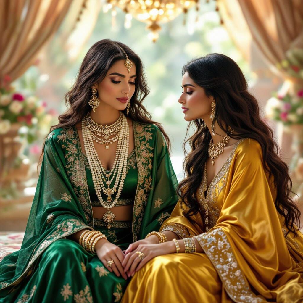 Enchanting Scene of Two Women in Opulent Silk Robes