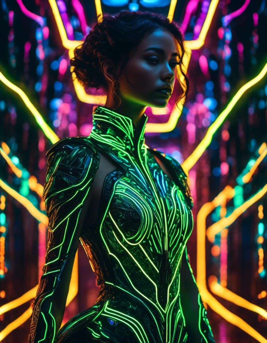 Cyberpunk Woman in Neon Line Dress