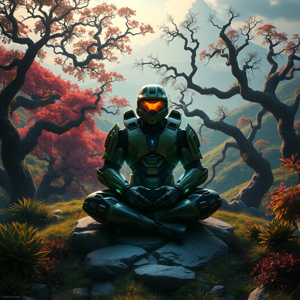 Contemplative Figure in Lush Dreamlike Landscape