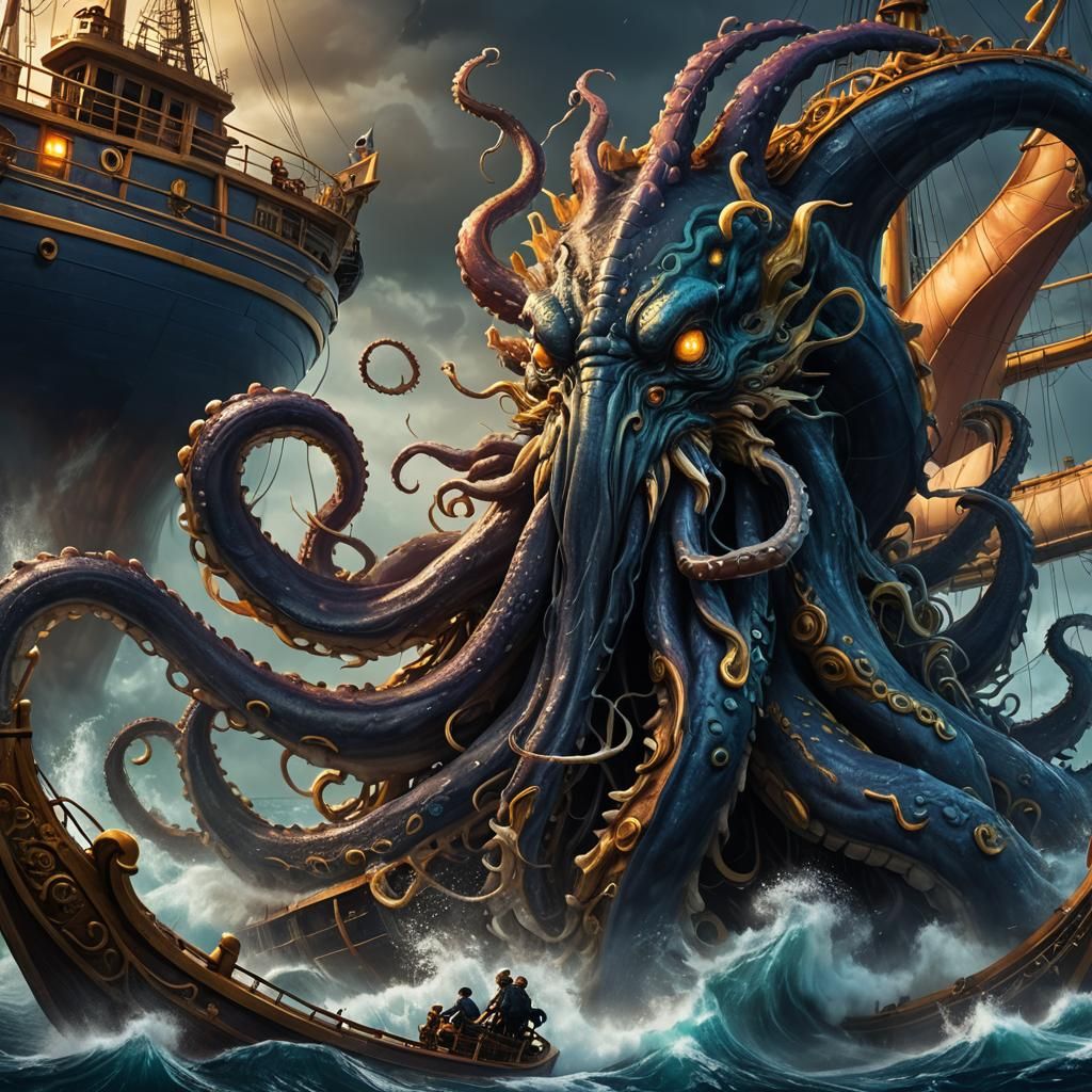Giant Octopus Attacks Ship in Stormy Seas