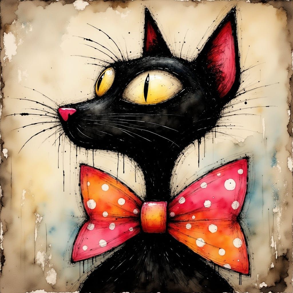Cubist Portrait of a Slender Black Cat with Polka Dot Bowtie