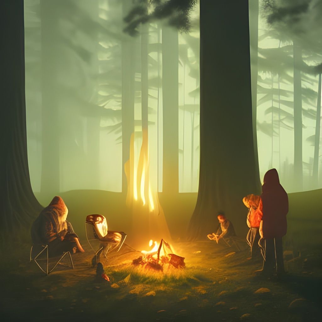 Night Campfire in Forest: Hyperrealistic, Ominous