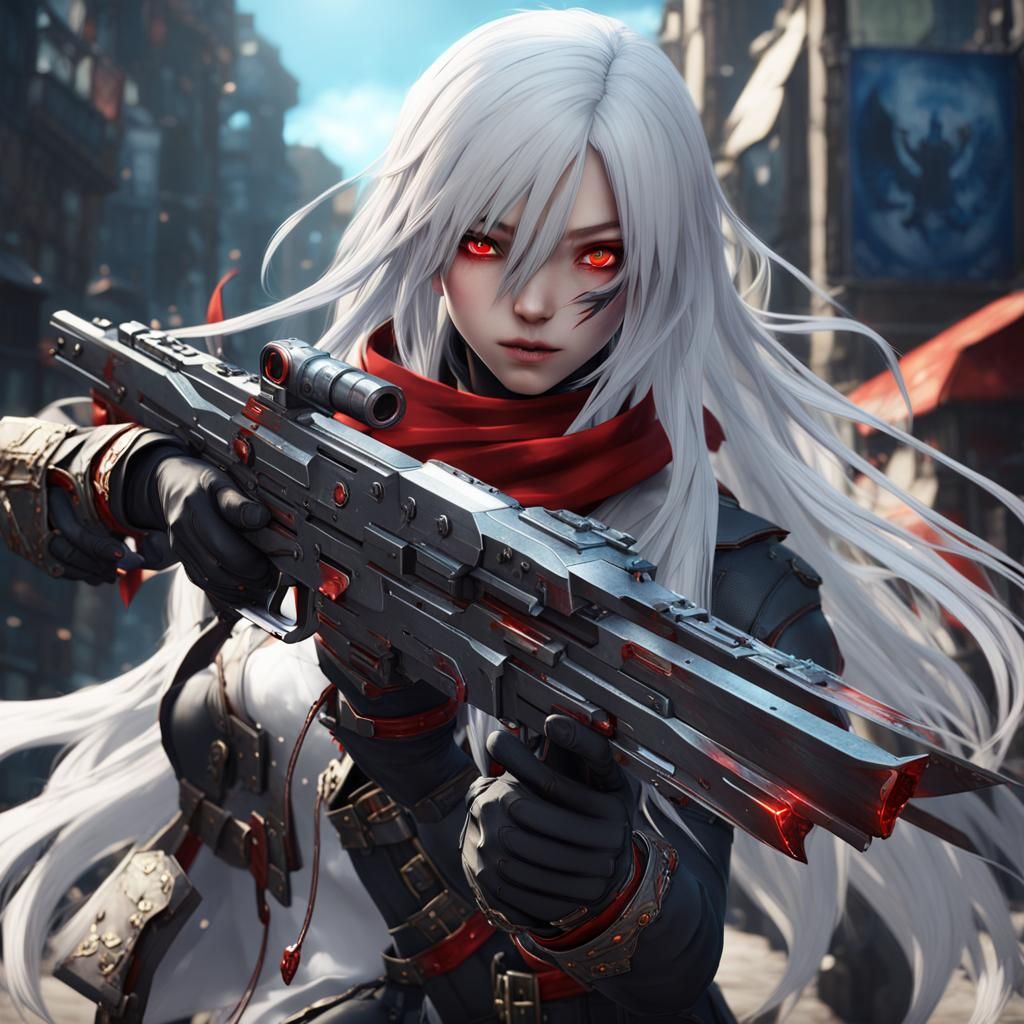 Anime Assassin Girl with Gun and Sword