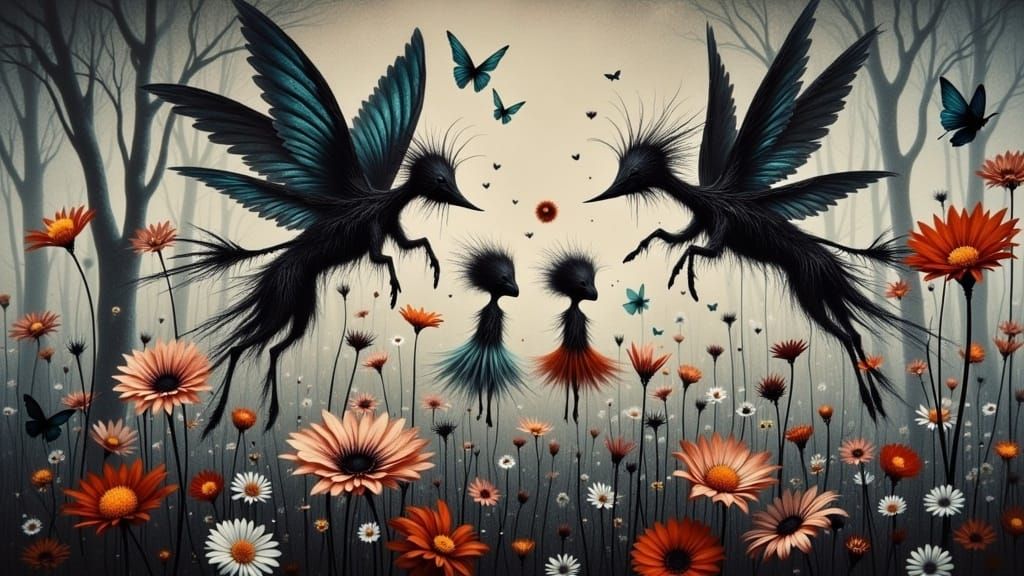 Winged Fairies in Dandelion Dreamscape, Surreal Abstract Art