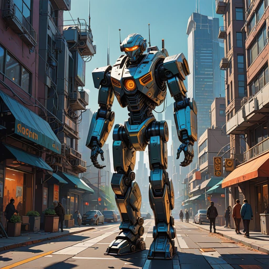 Futuristic Robot in Cyberpunk Cityscape