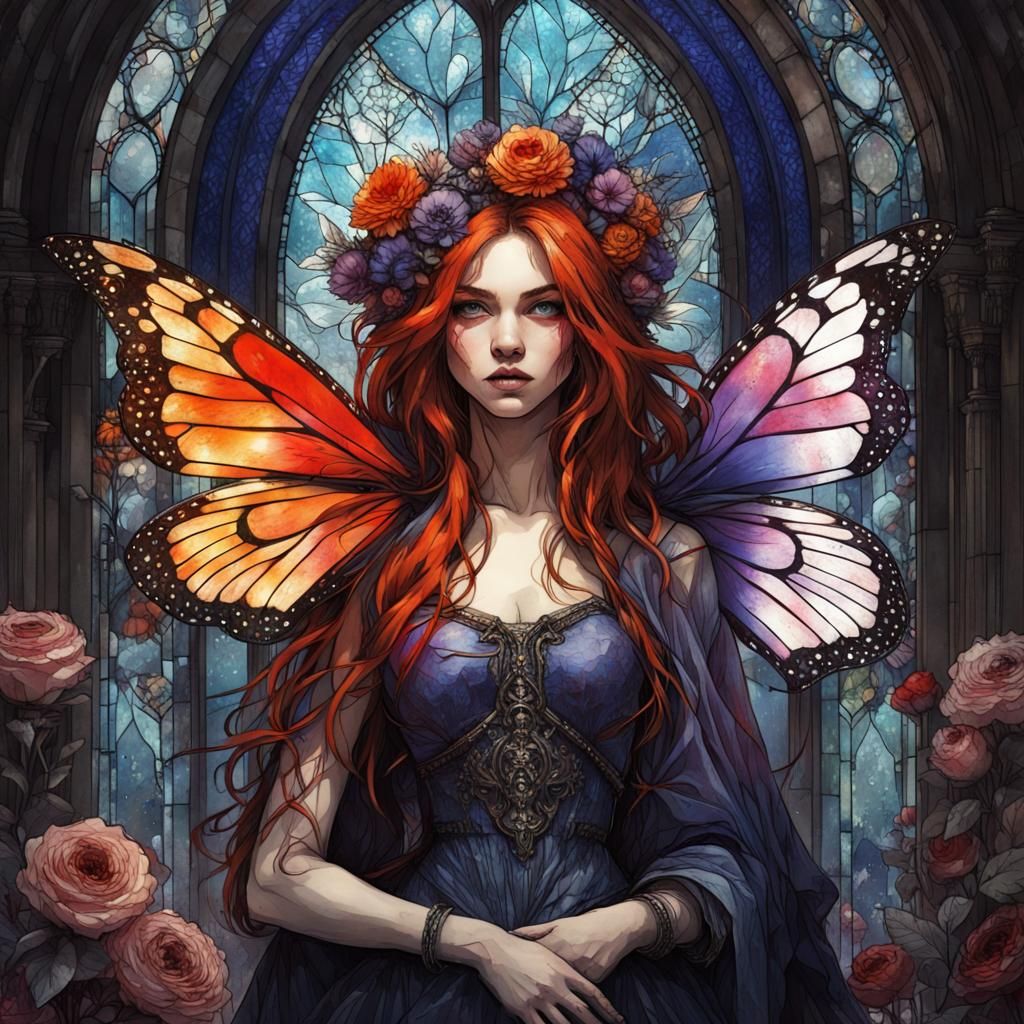 Gothic Faery Girl with Sword, Gouache Art