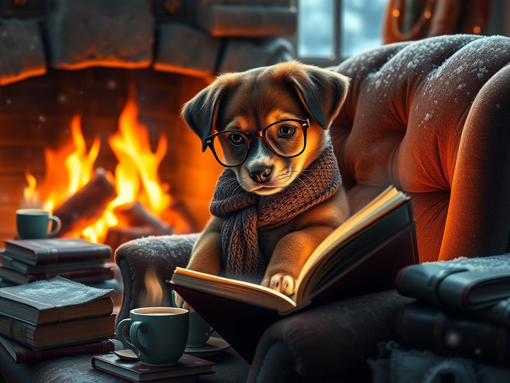 Cozy Puppy Reading by Fireplace in Digital Art Style