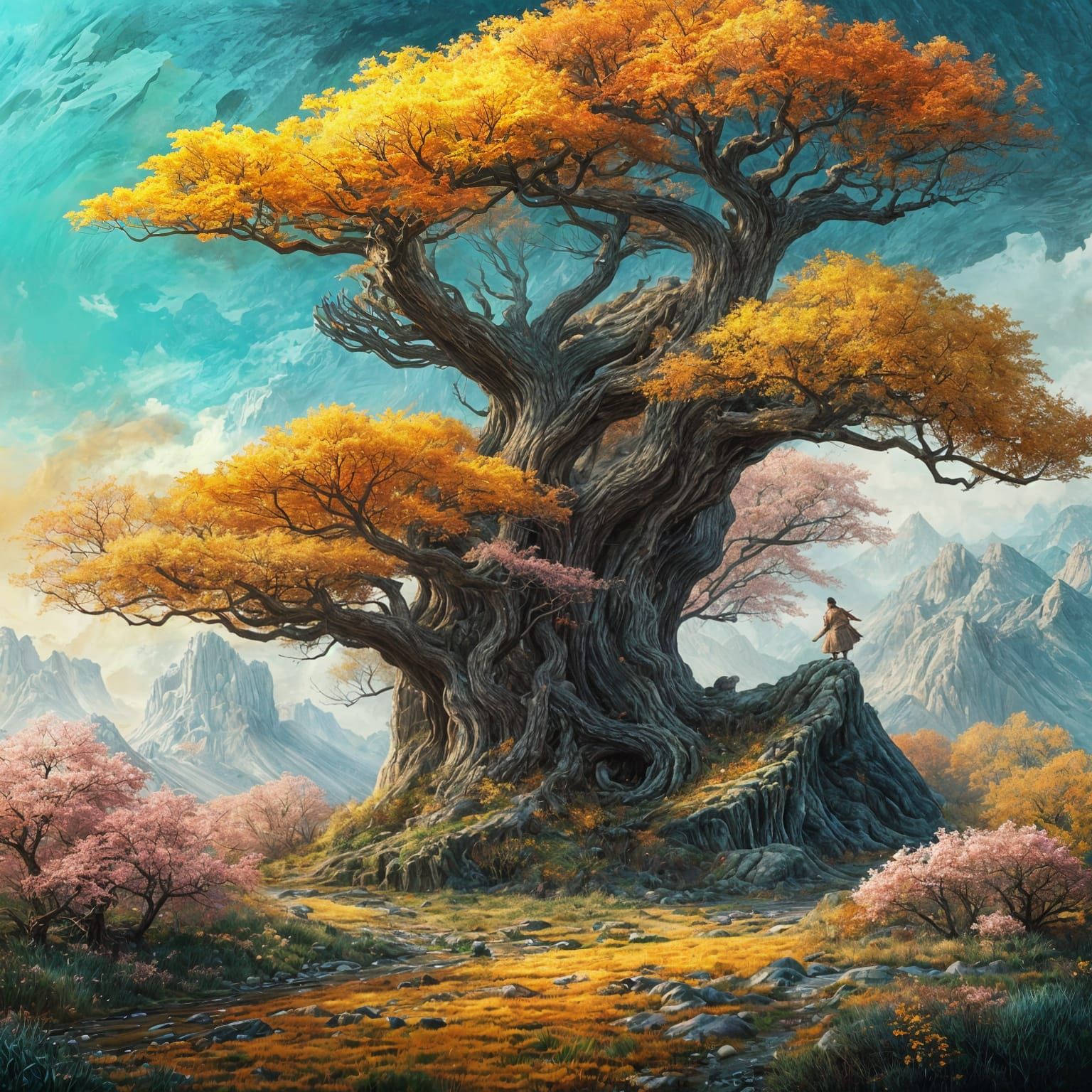 Surreal Fantasy Landscape with Four Seasons and Artist's Pal...