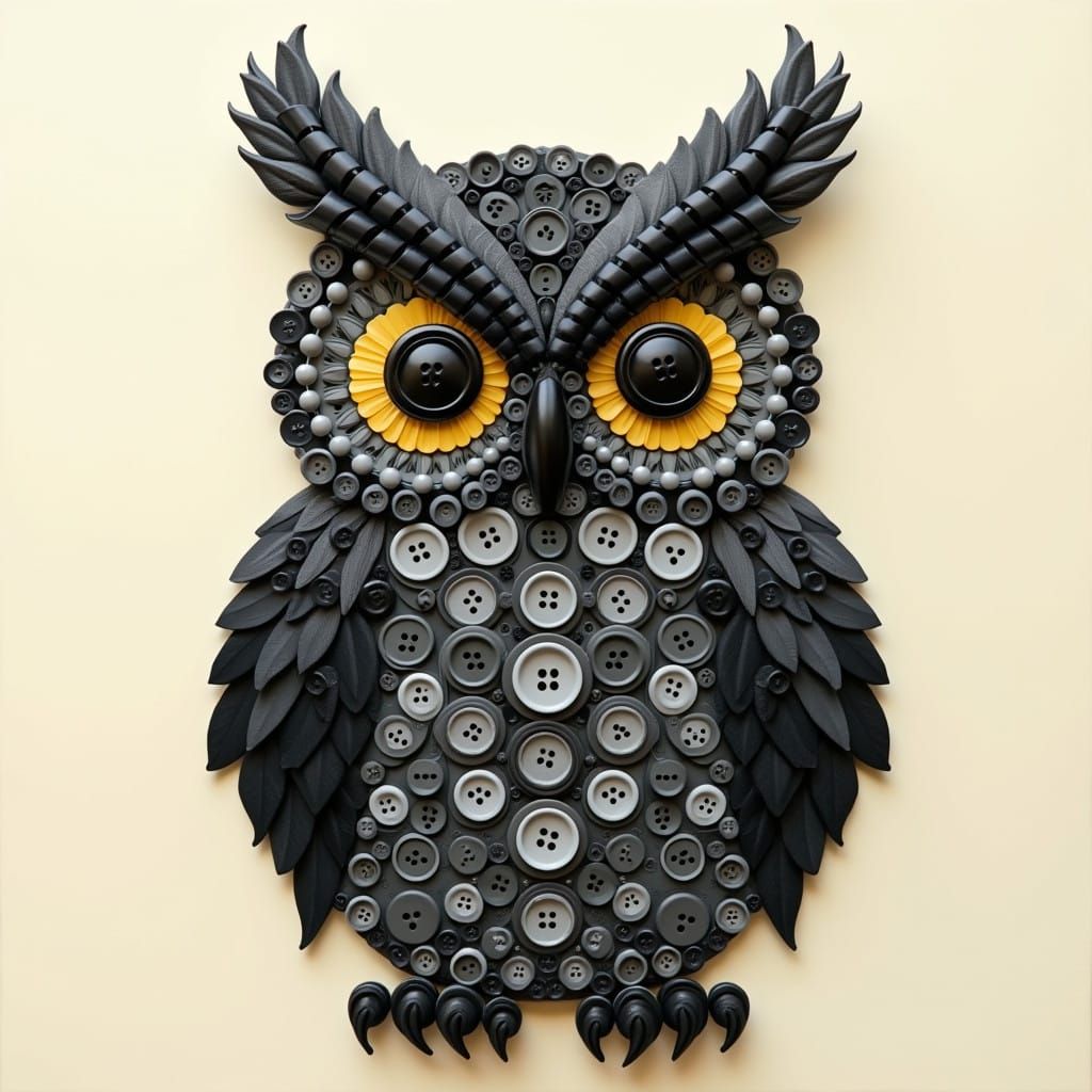 Majestic Owl Crafted from Intricately Arranged Buttons in Ch...