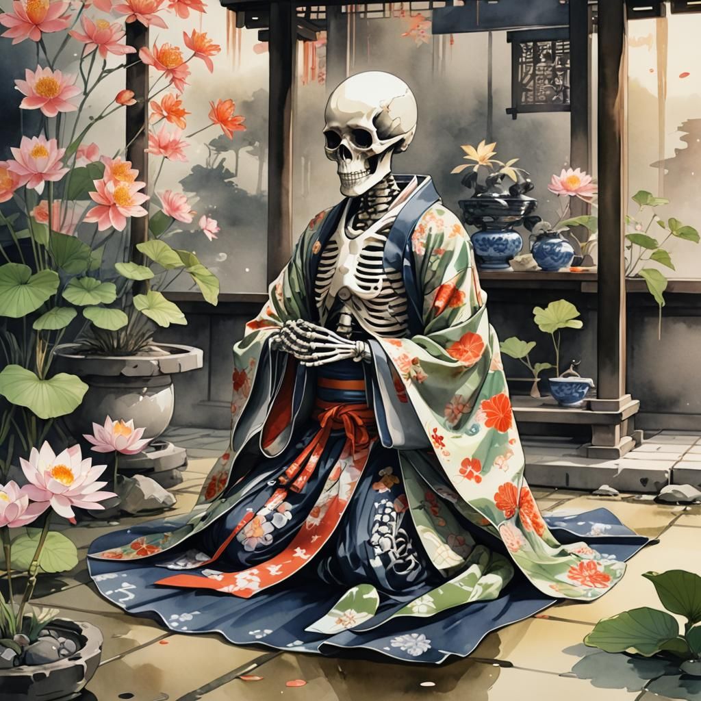 Skeleton in Kimono at Temple: Manga Style