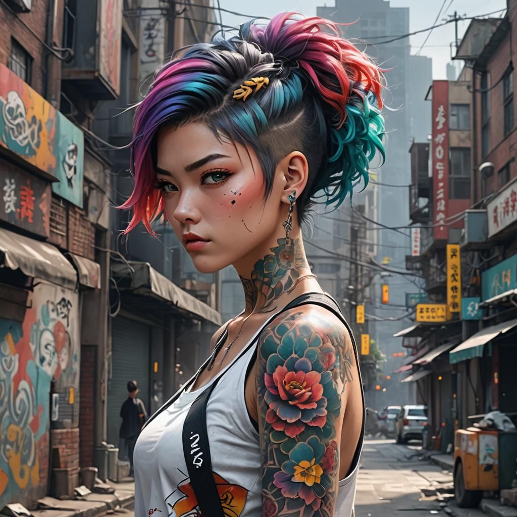 Anime Style Woman with Tattoos in Urban Setting