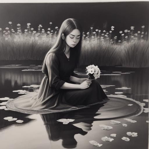 Pensive Woman by Pond in Charcoal Drawing