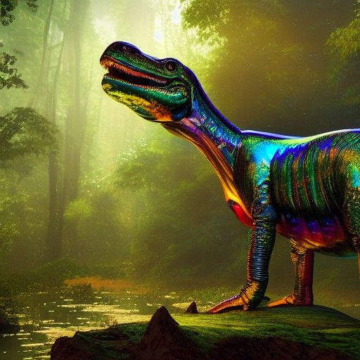 Iridescent Dinosaur in Alien Jungle, Cosmic Illustration