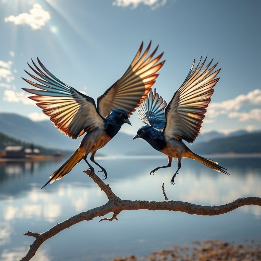 Azure-Winged Magpies on Ancient Siberian Pine Tree