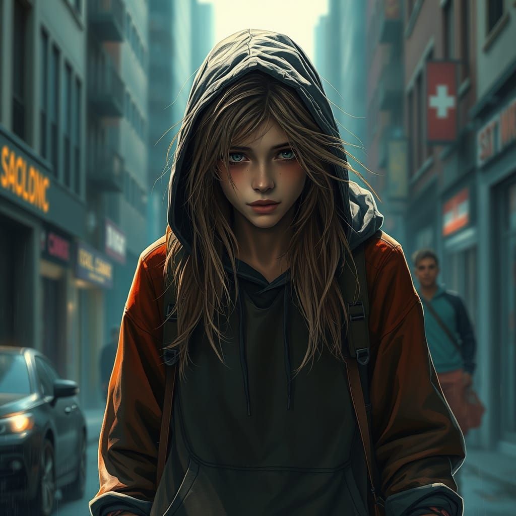 Scared Girl Hides in City: Hyperdetailed Digital Art