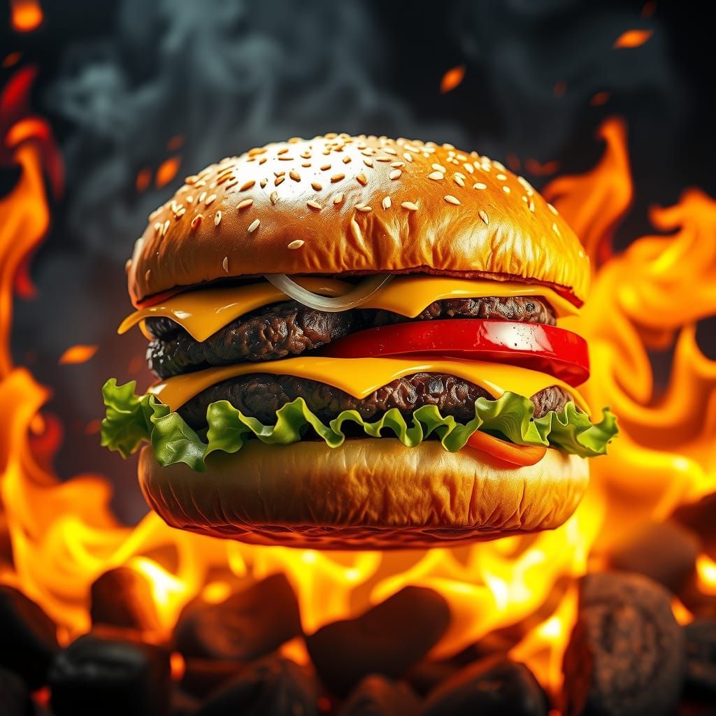 Hamburger in Flames: Hyper-Realistic Unreal Engine Render